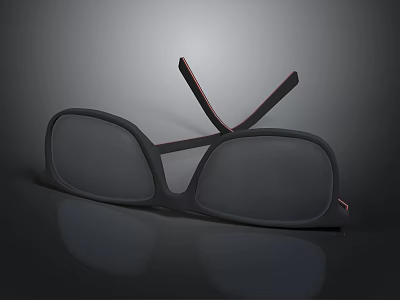 Stylish Black Rectangular Glasses With Red Accent Temple Arms Placed On Dark Reflective Surface 3d model