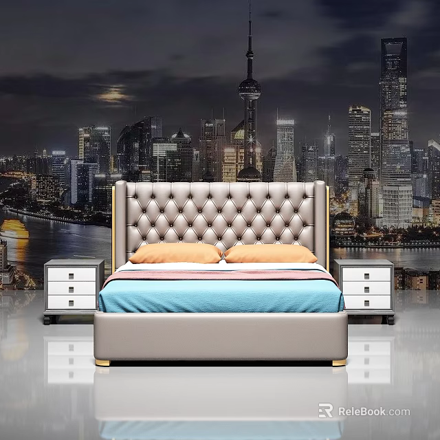 Elegant Double Bed With Tufted Headboard Gold Trim White Nightstands And City Night View Mural 3d model 