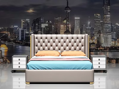 Elegant Double Bed With Tufted Headboard Gold Trim White Nightstands And City Night View Mural 3d model