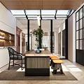 Modern Indoor Living Space With Marble Counter Table Rattan Chair And Potted Plant