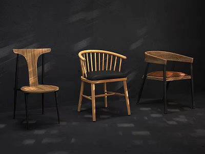 Three Leisure Chairs with Various Designs Wooden Metal Frames and Colored Cushions in Dark Background 3d model