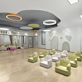 Kindergarten Interior With Green White Seats Wooden Floor Bookshelves Colorful Pendant Lights And Decorative Wall