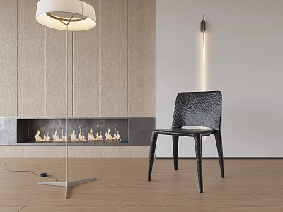 Black Textured Single Chair In Modern Living Room With Fireplace Floor Lamp And Wooden Wall 3d model