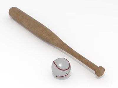 Wooden Baseball Bat And White Red Stitched Ball Isolated On White Background 3d model