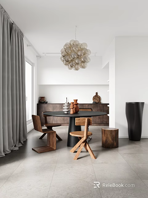 Modern Restaurant Interior With Round Dining Table Wooden Chairs And Glass Bubble Chandelier 3d model 