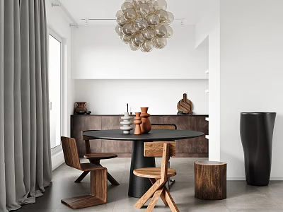 Modern Restaurant Interior With Round Dining Table Wooden Chairs And Glass Bubble Chandelier 3d model