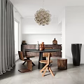 Modern Restaurant Interior With Round Dining Table Wooden Chairs And Glass Bubble Chandelier