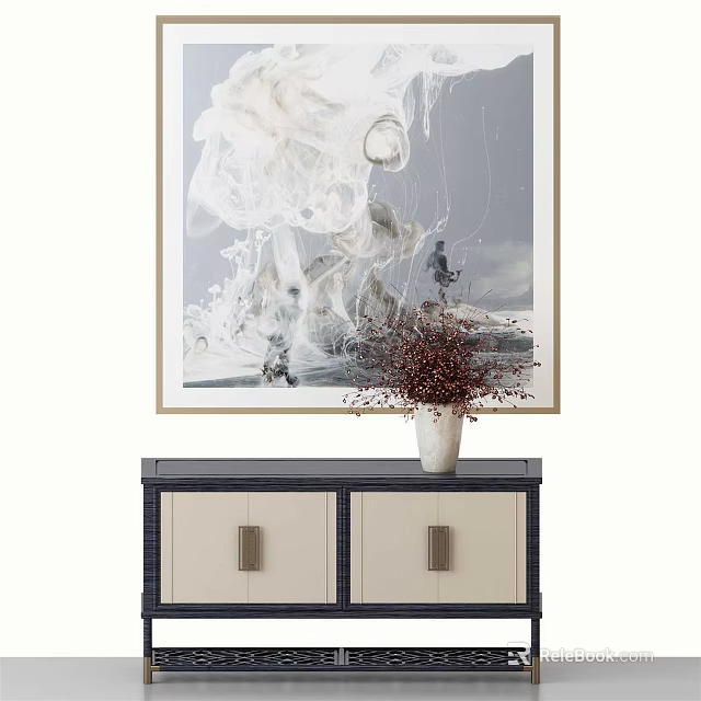Contemporary Entryway Console Cabinet With Metal Handles And Vase Near Decorative Painting 3d model 