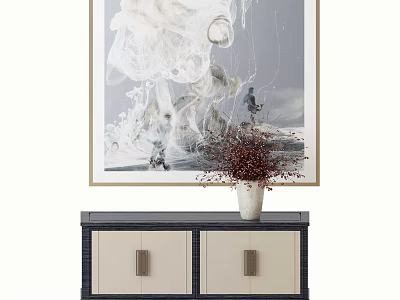 Contemporary Entryway Console Cabinet With Metal Handles And Vase Near Decorative Painting 3d model