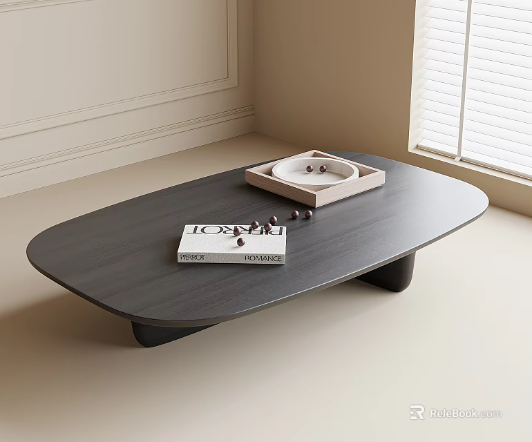 Oval Dark Gray Coffee Table with LONDON Book Tray and Decorative Items in Light Room 3d model 