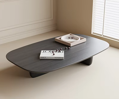 Oval Dark Gray Coffee Table with LONDON Book Tray and Decorative Items in Light Room 3d model