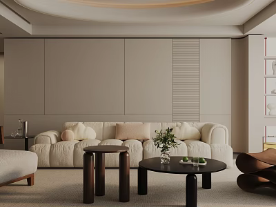 Modern Living Room Interior With Beige Sofa Round Coffee Table And Green Plants 3d model