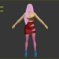 Blonde Female Character in Red Strapless Short Dress with Black High Heels on Gray Background