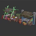 Small Rustic Market Stall With Canopy Barrels Fruits Vegetables And Baskets 3d model