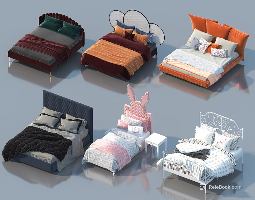 Cute Colorful Children's Beds With Various Cartoon Shaped Headboards And Cozy Bedding 3d model 