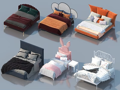 Cute Colorful Children's Beds With Various Cartoon Shaped Headboards And Cozy Bedding 3d model