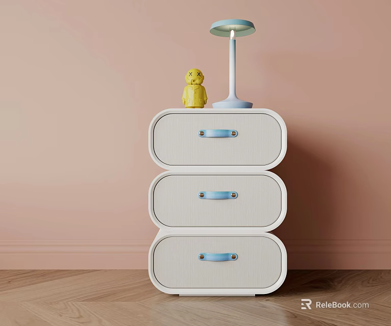 White Rattan Three Drawer Nightstand With Blue Handles Lamp And Yellow Toy 3d model 