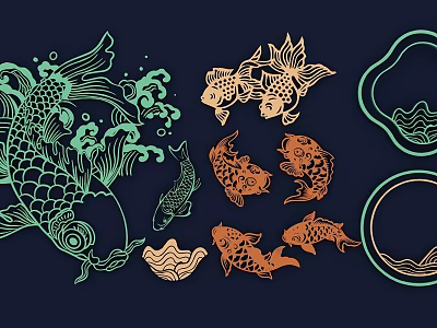 Elegant Colorful Wall Decor With Koi Fish Waves And Green Orange Patterns 3d model