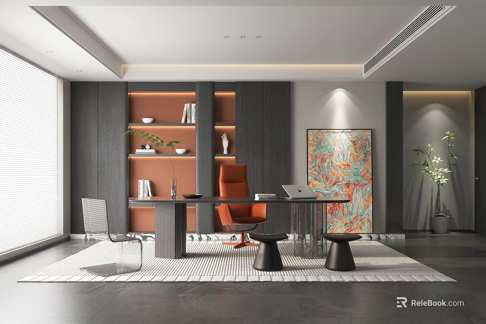 Modern Home Office Interior With Orange Chair Wooden Desk Bookshelves And Abstract Painting 3d model 