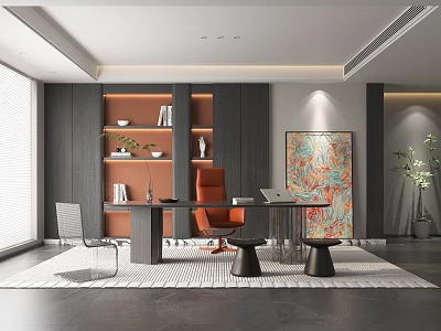 Modern Home Office Interior With Orange Chair Wooden Desk Bookshelves And Abstract Painting 3d model