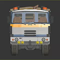 White Blue and Yellow Cargo Truck With Open Bed Metal Railings And Multiple Wheels