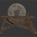 Traditional Stone Mill Kitchen Appliance On Wooden Stand With Blue Patterns