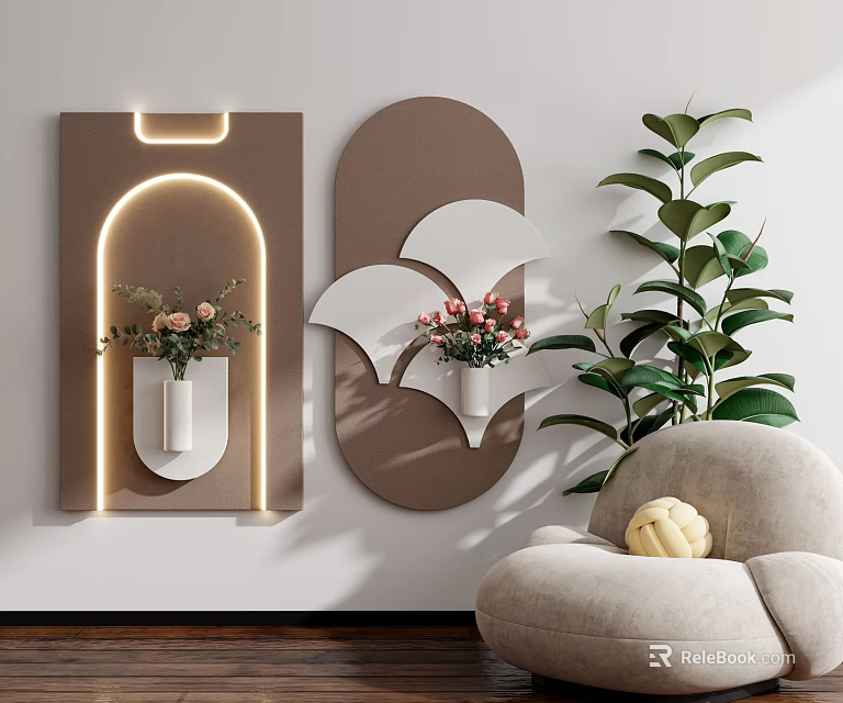 Modern Interior With Arched Light Wall Decor Vase Flowers Green Plant And Bean Bag Chair 3d model 