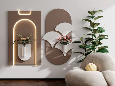 Modern Interior With Arched Light Wall Decor Vase Flowers Green Plant And Bean Bag Chair 3d model