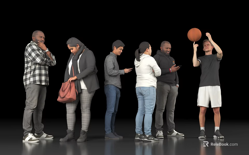 Diverse Group of People Standing With Various Actions Using Phones Carrying Bags And Playing Basketball 3d model 