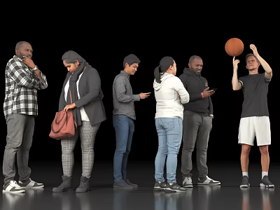 Diverse Group of People Standing With Various Actions Using Phones Carrying Bags And Playing Basketball 3d model