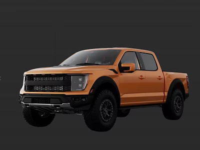 Orange Ford F-150 Raptor Pickup Truck With Large Tires And Front Grille Design 3d model