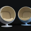 Modern Single Sofa Round Shape Design Blue And White Fabric Upholstery With Circular Base 3d model
