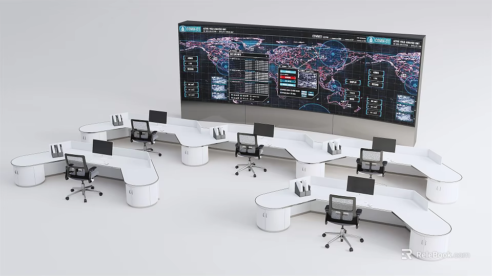 Modern Office Desks With Computer Monitors And Large Data Display Wall Featuring World Map 3d model
