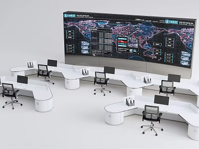 Modern Office Desks With Computer Monitors And Large Data Display Wall Featuring World Map 3d model