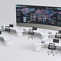 Modern Office Desks With Computer Monitors And Large Data Display Wall Featuring World Map 3d model