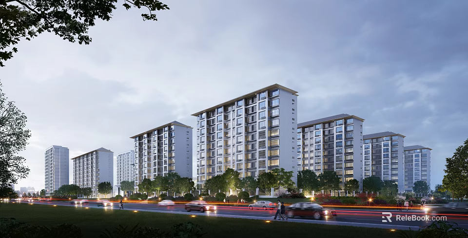 Modern Residential Building Complex With Greenery And Roadside Vehicles At Dusk 3d model 