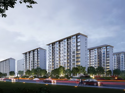 Modern Residential Building Complex With Greenery And Roadside Vehicles At Dusk 3d model