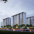 Modern Residential Building Complex With Greenery And Roadside Vehicles At Dusk