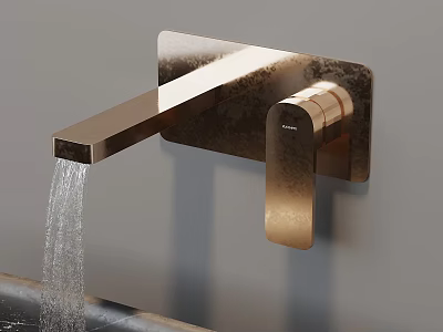 Modern Wall Mounted Golden Faucet With Flowing Water And Sleek Design 3d model