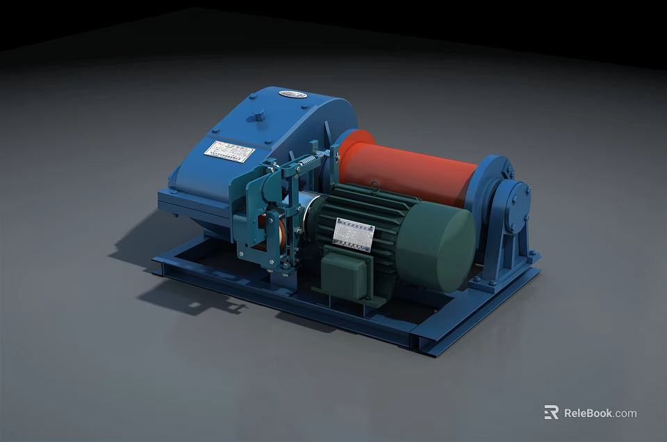 Industrial Winch With Blue Body Red Drum Green Motor And Sturdy Base 3d model 