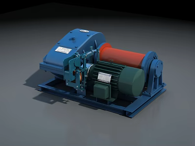 Industrial Winch With Blue Body Red Drum Green Motor And Sturdy Base 3d model