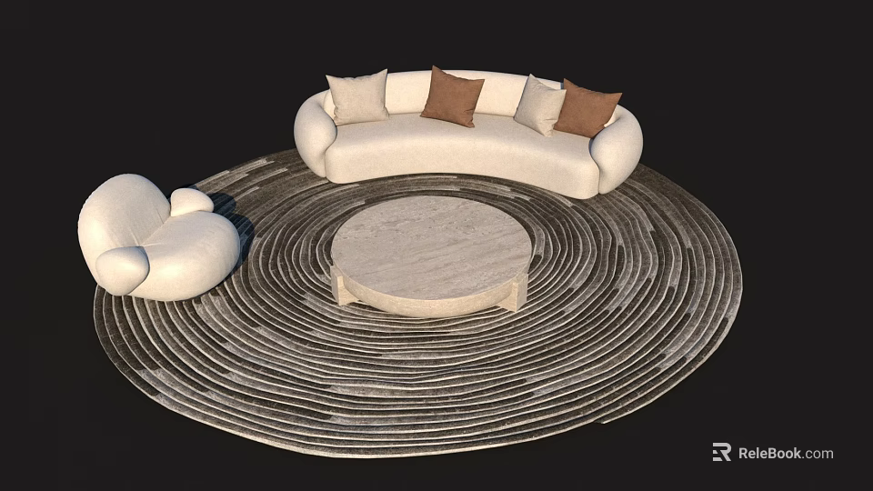 White Sofa and Round Marble Coffee Table Set With Spiral Rug and Beige Brown Cushions 3d model 