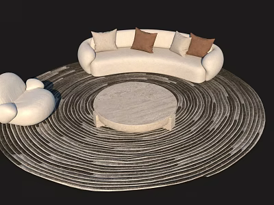 White Sofa and Round Marble Coffee Table Set With Spiral Rug and Beige Brown Cushions 3d model