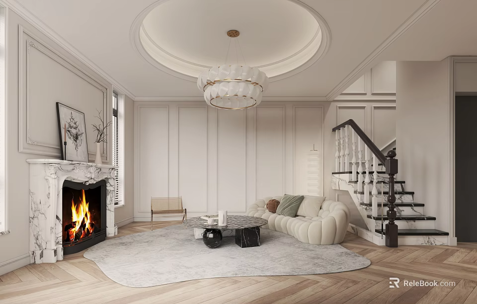Luxurious Living Room Interior With Fireplace White Sofa Chandelier Circular Ceiling Wooden Floor And Staircase 3d model 