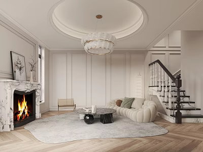 Luxurious Living Room Interior With Fireplace White Sofa Chandelier Circular Ceiling Wooden Floor And Staircase 3d model
