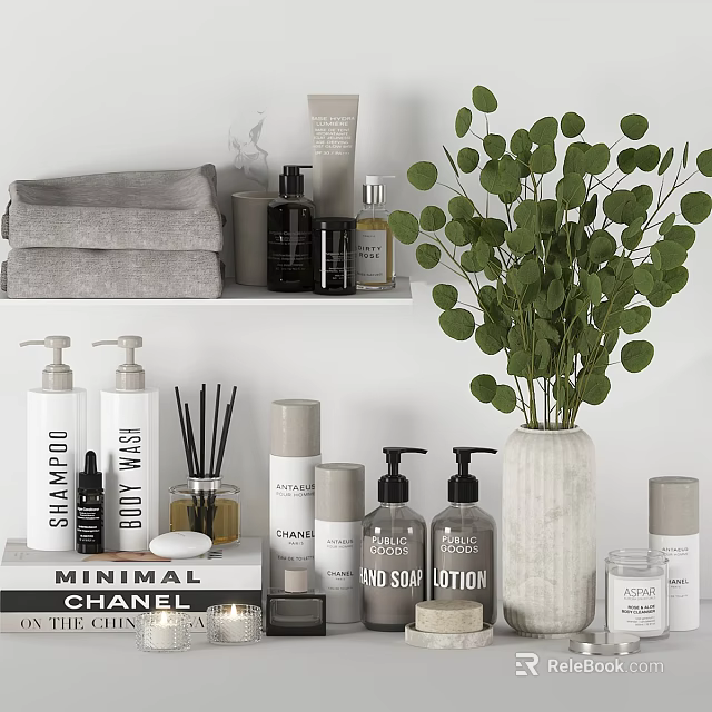 Stylish Bathroom Accessories With Soft Towels Shampoo Bottles Aromatic Diffuser And Green Eucalyptus Plant 3d model 
