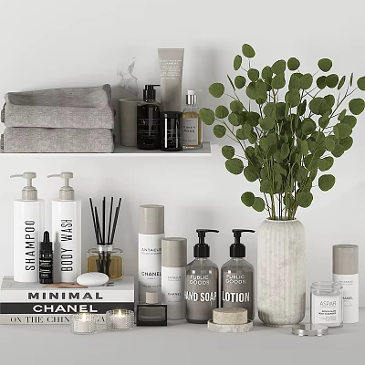 Stylish Bathroom Accessories With Soft Towels Shampoo Bottles Aromatic Diffuser And Green Eucalyptus Plant 3d model