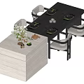 Modern Dining Table Set With Black Table White Chairs Dinnerware And Plant Decorations 3d model