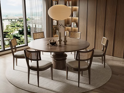 Modern Round Dining Table and Chairs Set with Wooden Walls Large Windows and Pendant Lamp 3d model