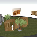 Wooden Pergola In Grass Area With Person Standing Under Green Tree And Blue Sky